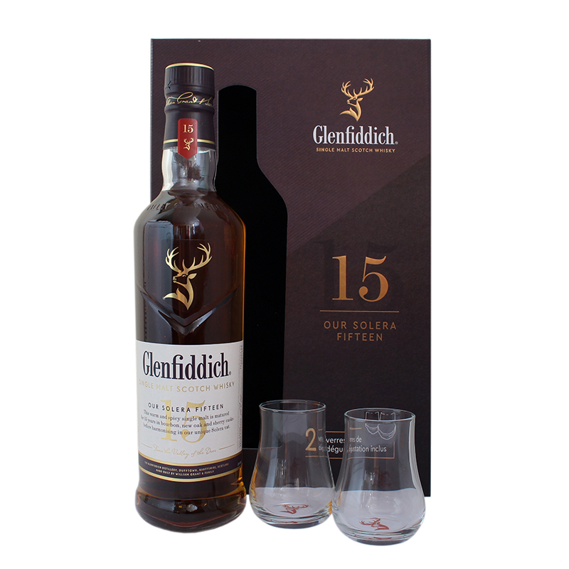 Glenfiddich 15 ani Solera in incutie cu doua pahare 0.7L SGR